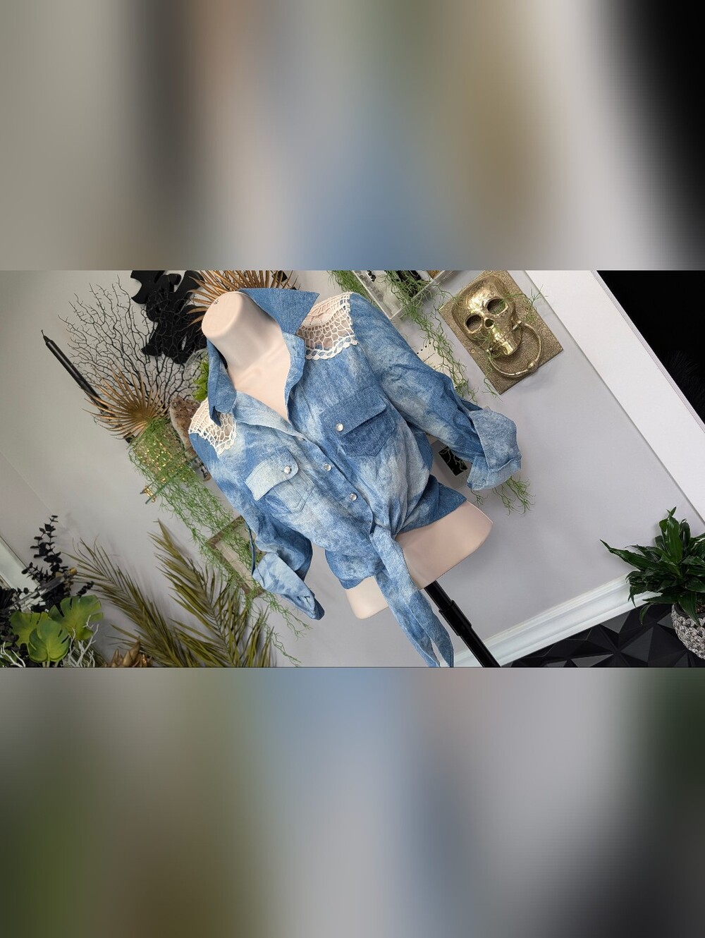 Poetry Denim Print Cotton Embroidery Crop Top MD